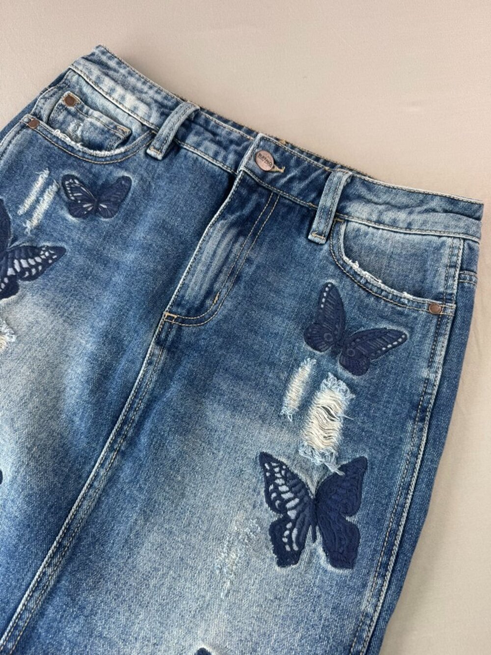 Buffalo David Bitton Denim Skirt Women's 27 Butterfly Embroidered Distressed Y2K